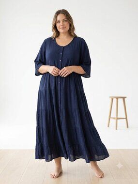 Jessica Taylor Dress Navy Blue Peasant Boho Shift Festival Maxi 3X NWOT